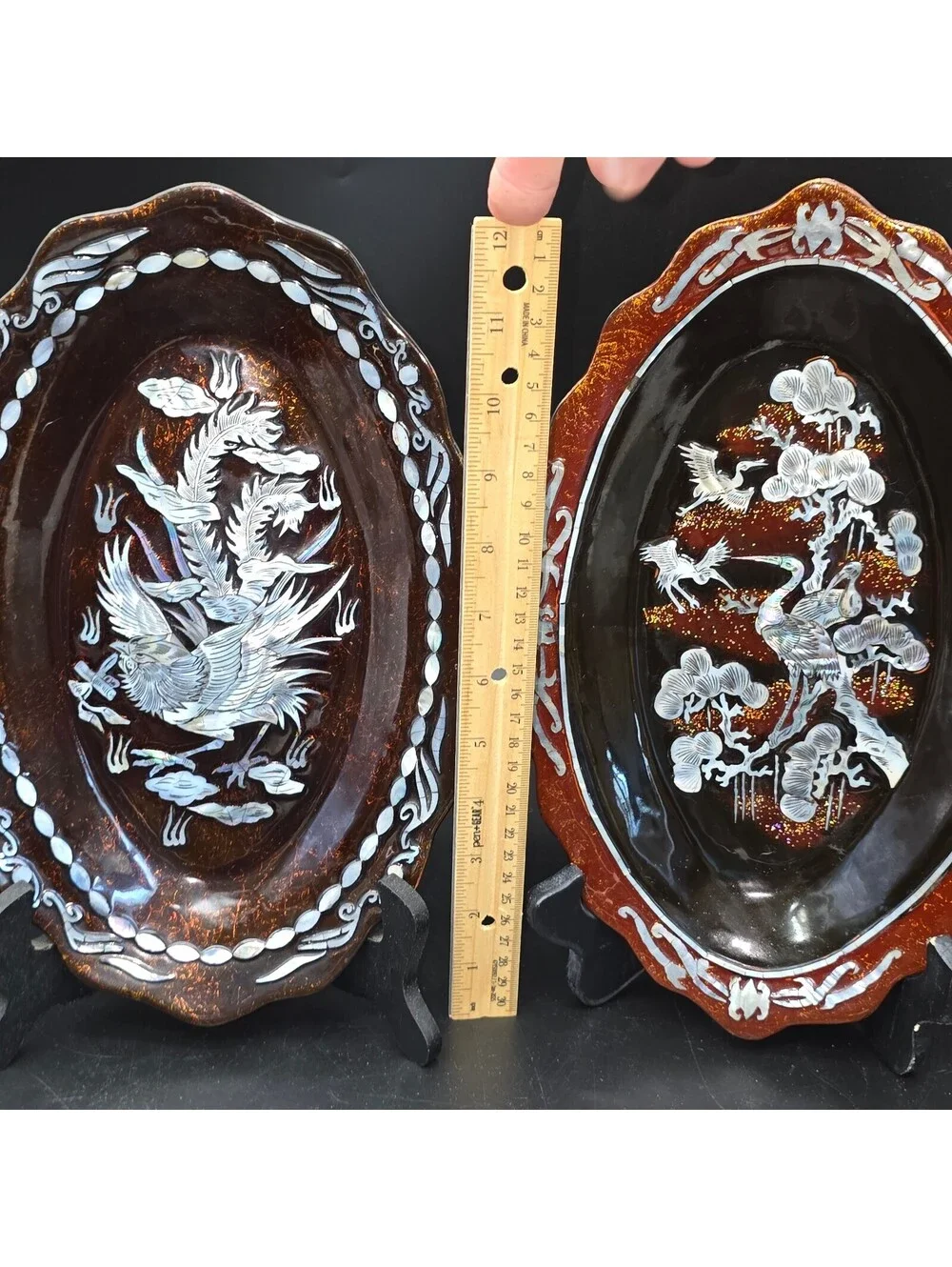 Vtg Asian Mother of Pearl Lacquer Wall Plaques Pair Phoenix Crane Bird Inlay 11”